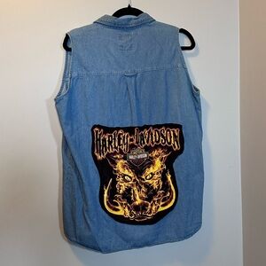 Harley Davison up cycle  hog flames button up women no sleeves button up shirt